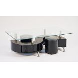 A modern rectangular glass coffee table and two stools, (3)