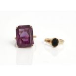 A 9ct gold and rectangular cut mauve gem set solitaire ring, ring size O and a 9ct gold and...