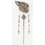 Two pairs of silver corn-on-the-cob holders, a silver skewer and a silver mustard pot,...