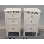 A pair of modern hardwood white painted three drawer bedside chests