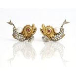A pair of ruby, cultured pearl and diamond-set earclips, Designed as exotic fish, set...