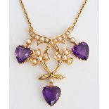 A gold, amethyst and seed pearl pendant necklace.