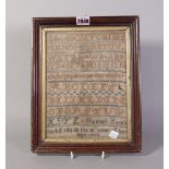 A late 18th century framed needlework sampler, dated 1784, 25cm wide; 31cm high