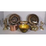 Metalware including a copper one gallon jug, two pairs of brass candlesticks, bowls and sundry...