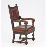 A 19th century Continental walnut open armchair with square back and beast head finials, on...