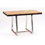 A 20th century centre table, the rectangular top inset with laburnum rounds on polished chrome...