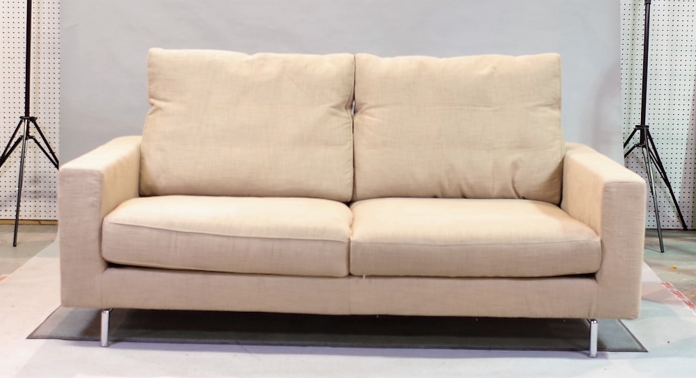 ‘Living Divani’, a modern hardwood framed corner sofa with beige upholstery on chrome tubular... - Image 4 of 5