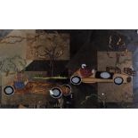 Two mirrored pictures of vintage racing cars mixed media,