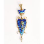 A gold, turquoise, freshwater pearl and enamelled Art Nouveau pendant, the centre with a...
