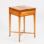 A George III burr yew inlaid satinwood work table with double fold out top over a pair of...