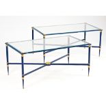 A pair of 20th century blue painted and brass rectangular glass top coffee tables, (2)
