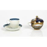 A Worcester porcelain blue and white ribbed coffee cup and saucer, circa 1765..(4)