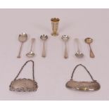 Silver, comprising; four salt spoons, a teaspoon, a Sterling salt spoon, an Irish decanter...