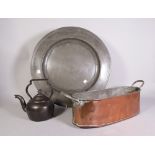 Metalware including a 19th century copper twin handled pan of ovoid form, 47cm wide; 15cm high,