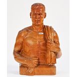 A carved oak male bust with torso