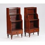 A pair of Regency style brass inlaid mahogany four tier waterfall bookcases with single drawer...