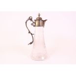 A Victorian silver plated metal mounted glass claret jug, with etched floral decoration and...