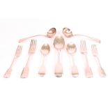 Silver fiddle pattern table flatware, comprising; seven table forks, eleven dessert spoons,...