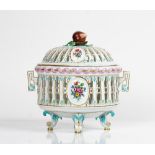 A Meissen pierced oval two-handled chestnut basket and cover, late 19th century, painted with...