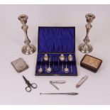 Silver and silver mounted wares, comprising; a pair of table candlesticks, Birmingham 1978,...
