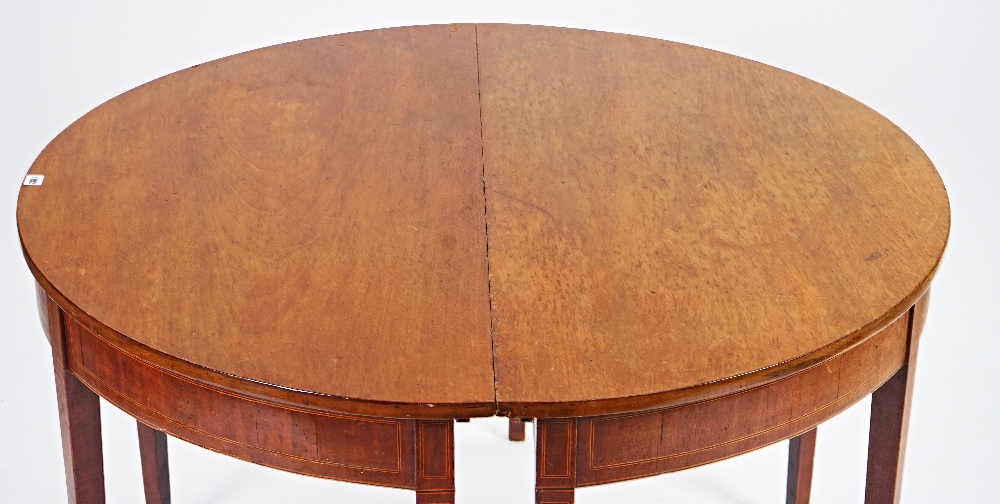 A George III inlaid mahogany 'D' end extending dining table with three extra leaves on... - Image 3 of 8