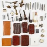Collectables, comprising; fourteen pocket knives, seven lighters, five smoking pipes, three...