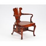 A George II style mahogany metamorphic open arm library chair, on cabriole supports, 65cm wide...
