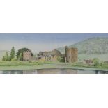 Erica *** (20th Century), Stokesay Castle, watercolour over a printed base 15 x 39cm