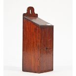 A George III inlaid oak wall hanging slope front candle box, 18cm wide; 50cm high