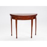 A George III inlaid mahogany demi-lune fold over card table on tapering square supports, 92cm...
