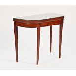 A near pair of George III inlaid mahogany 'D' shape tea tables on tapering square supports,...