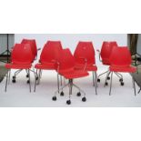 Vico Magistretti for Kartell Italy; a set of nine Maui red resin and tubular chrome chairs