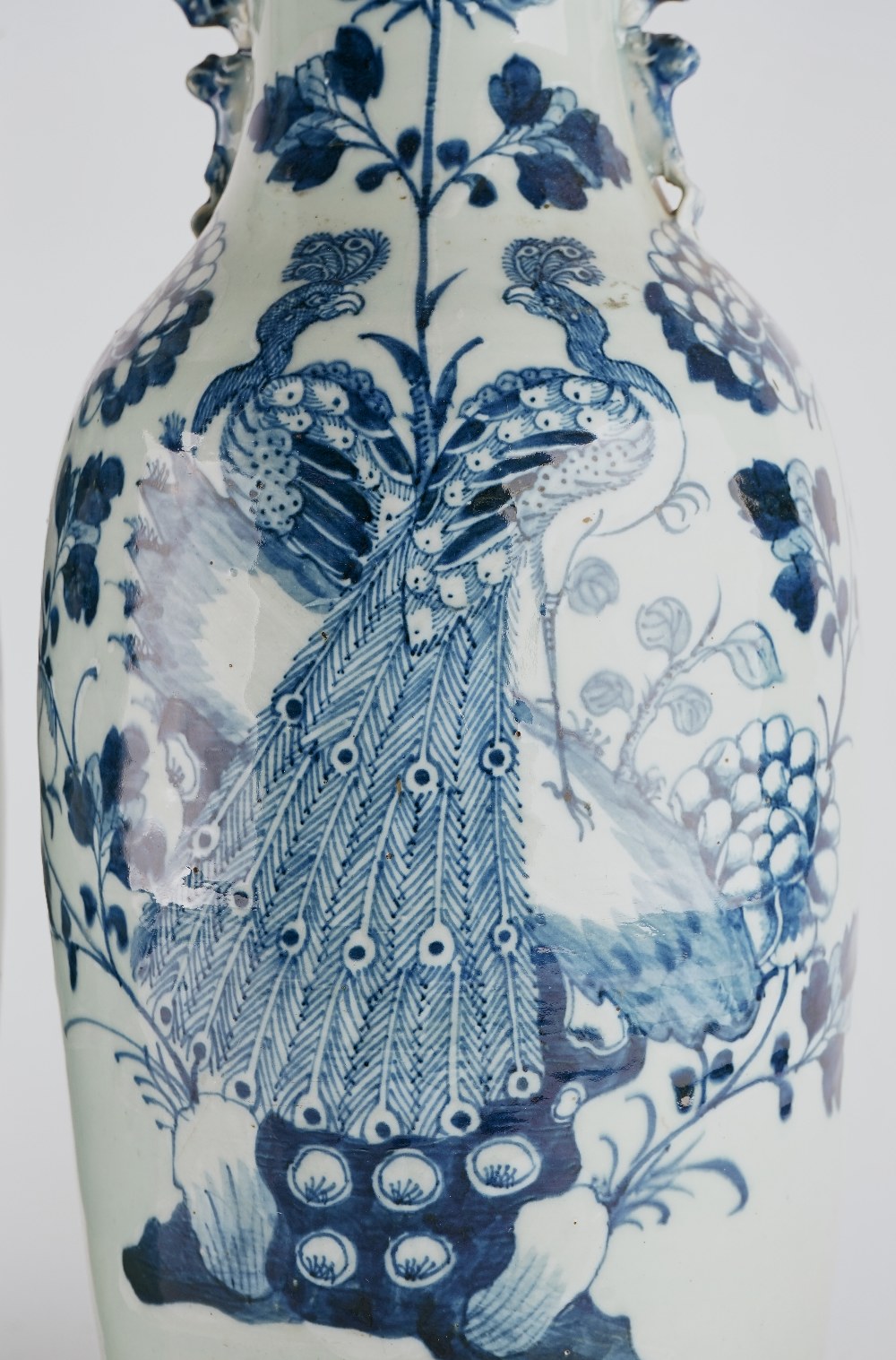 Two tall Chinese blue and white celadon-ground two-handled vases - Image 3 of 8