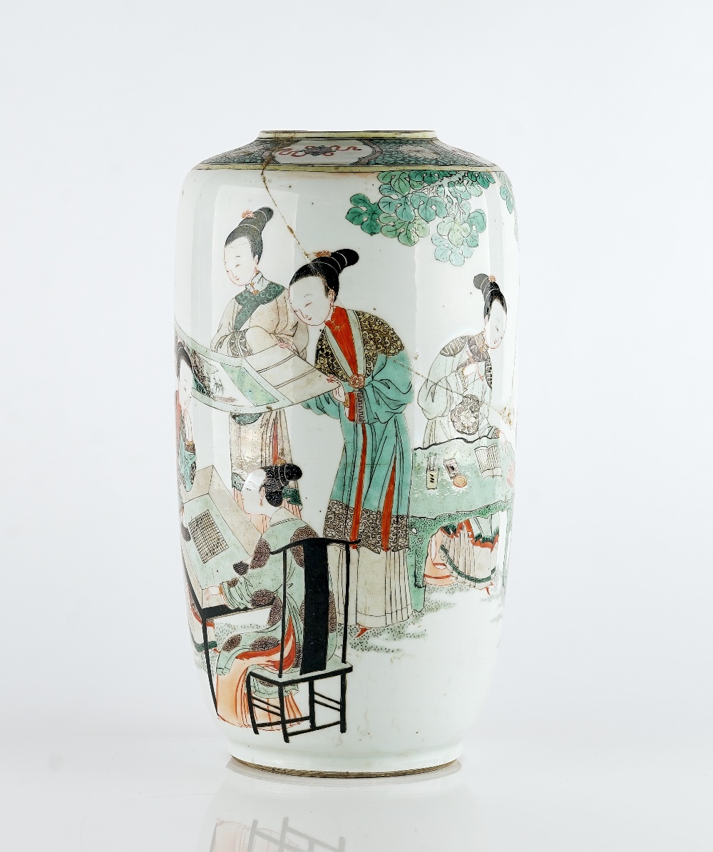 A Chinese famille-verte `rouleau' vase