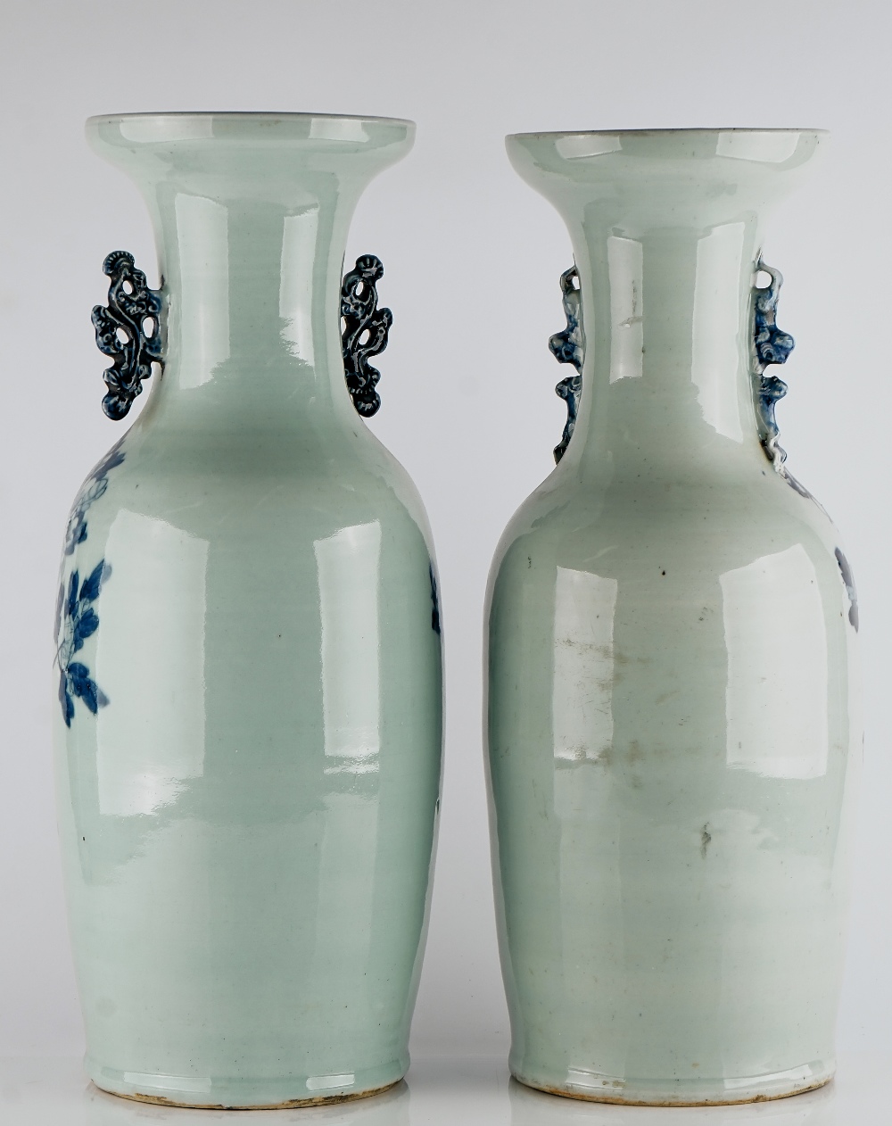 Two tall Chinese blue and white celadon-ground two-handled vases - Image 5 of 8