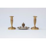 A French gilt-bronze and white marble desk stand and a pair of gilt-bronze candlesticks