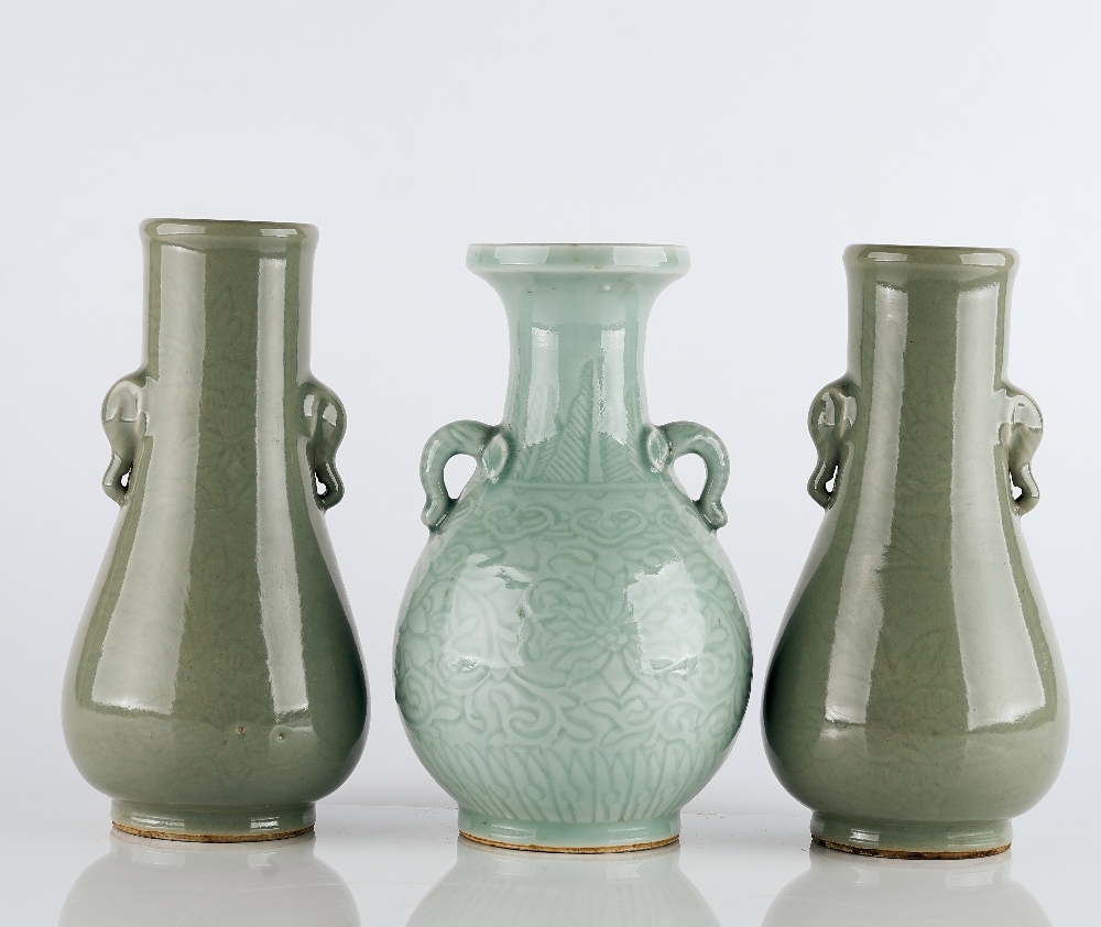 A group of three Chinese carved celadon vases - Image 4 of 5