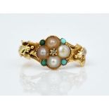 A Victorian gold, half pearl, turquoise and diamond cluster ring