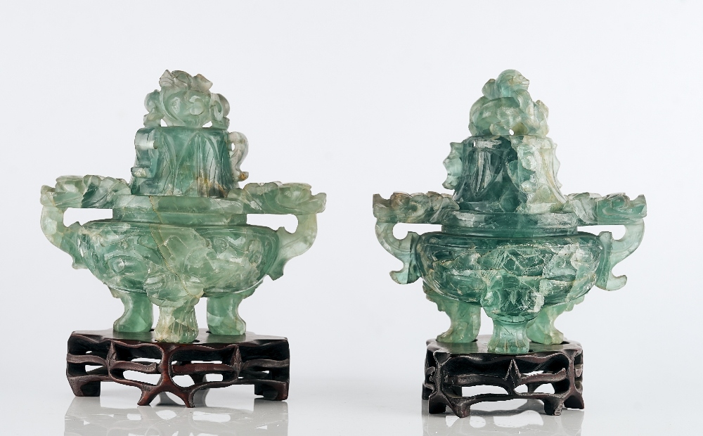 A pair of Chinese green fluorite censers