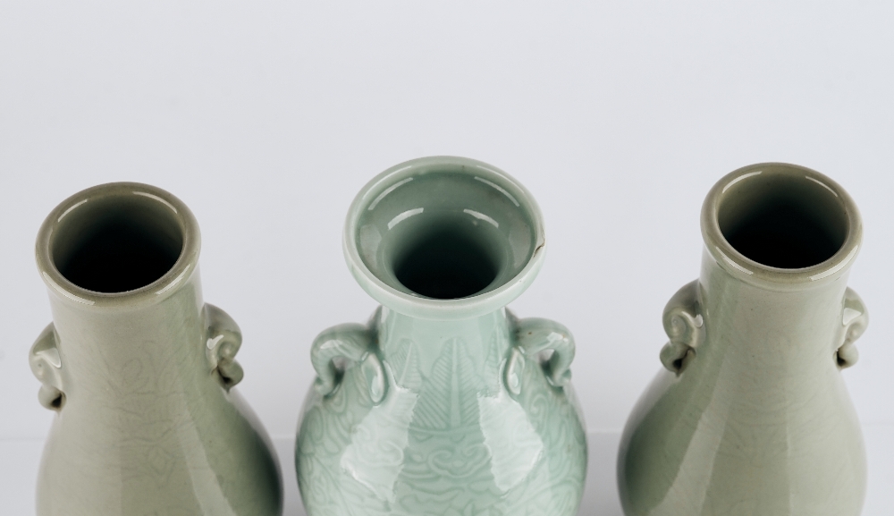 A group of three Chinese carved celadon vases - Image 3 of 5