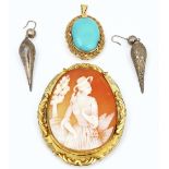 A turquoise pendant, a cameo brooch and a pair of silver pendant earrings (4)