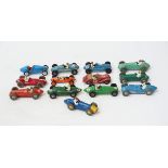 Thirteen toy model race cars