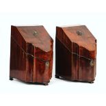 A pair of George III chevron banded mahogany serpentine fronted knife boxes