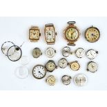 Three ladies gold cased wristwatches and a quantity of wristwatch movements (17)