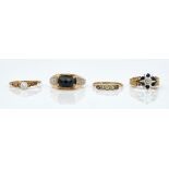 An 18ct gold, sapphire and diamond cluster ring and three further rings (4)