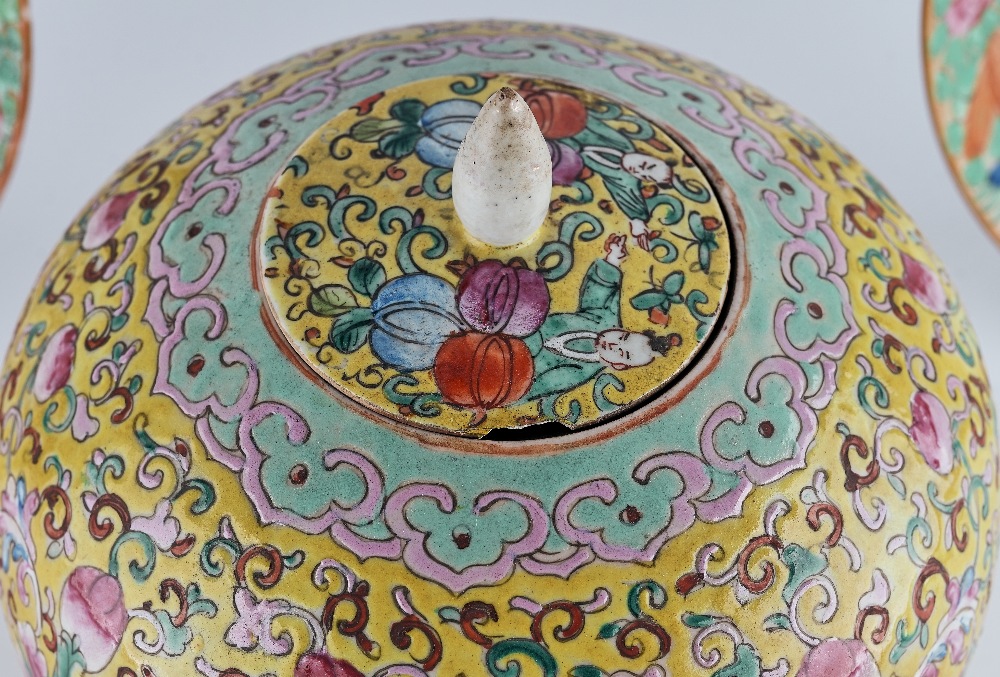 A Chinese yellow- ground famille-rose jar and a cover - Image 3 of 6