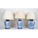 Three Chinese style blue and white baluster table lamps (3)