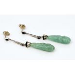 A pair of jade, black onyx and diamond pendant earrings