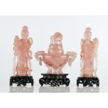 A pair of Chinese rose quartz figures of Guanyin and a rose quartz censer