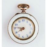 A silver cased and enamelled keyless wind openfaced lady's fob watch